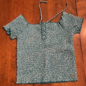 Roxy Teal and White Off the Shoulder Speckled Top, NWT